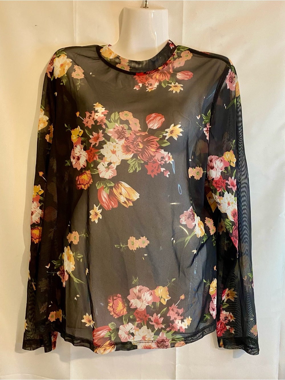 SHEIN Black Sheer Long-Sleeve Floral Top